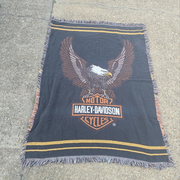 Vintage Harley Davidson Woven Throw Blanket Tapestry 49 X 70 Eagle USA - Picture 1 of 5